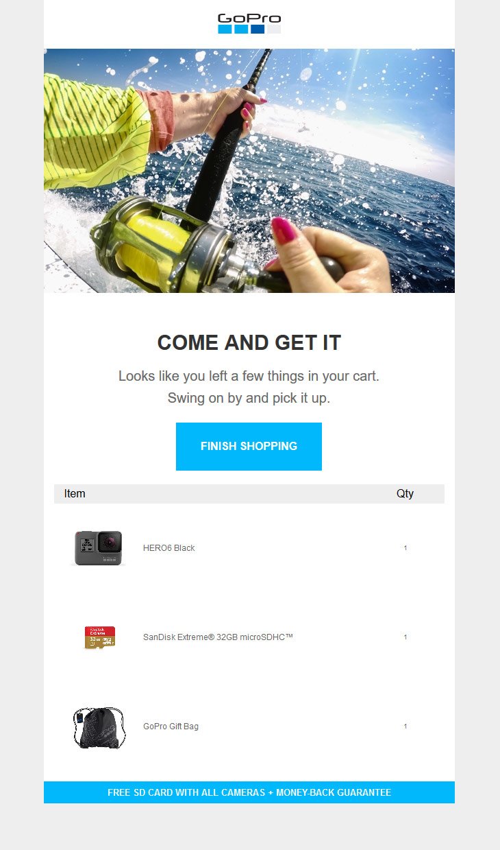 Catchy Abandoned cart email example from GoPro