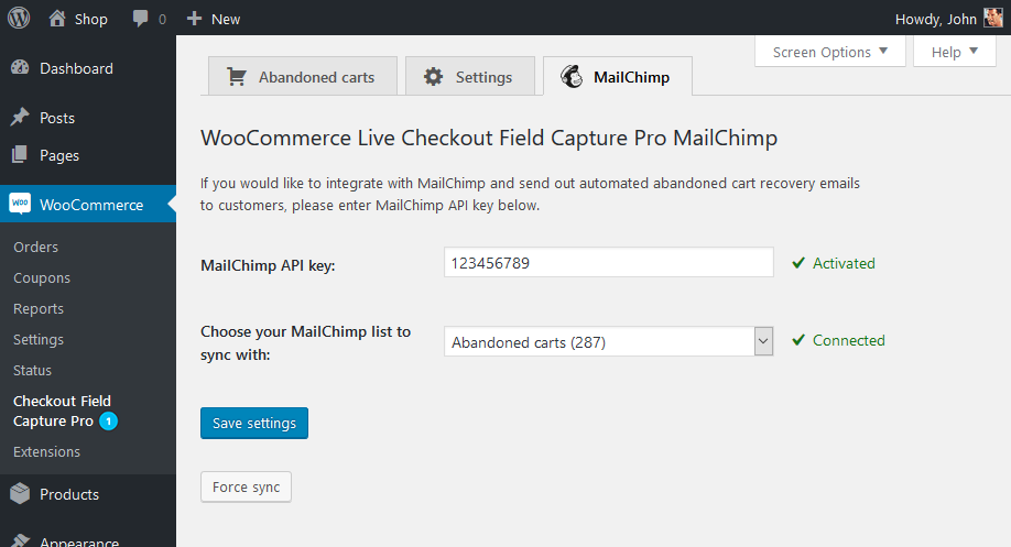 Save abandoned carts MailChimp settings Save abandoned carts MailChimp settings