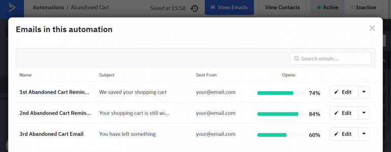ActiveCampaign's email list used for abandoned cart reminder automation