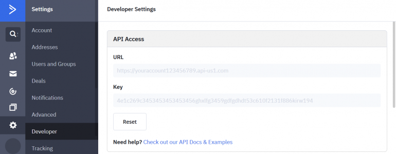 Developer API key location in ActiveCampaign user interface