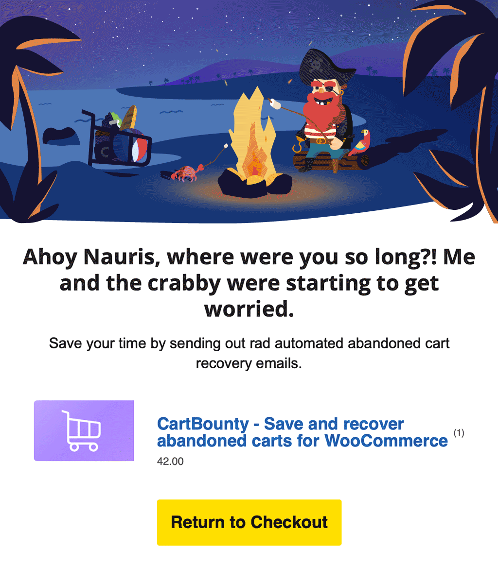 2nd abandoned cart email example from CartBounty featuring a pirate by the fireplace in the evening cooking supper