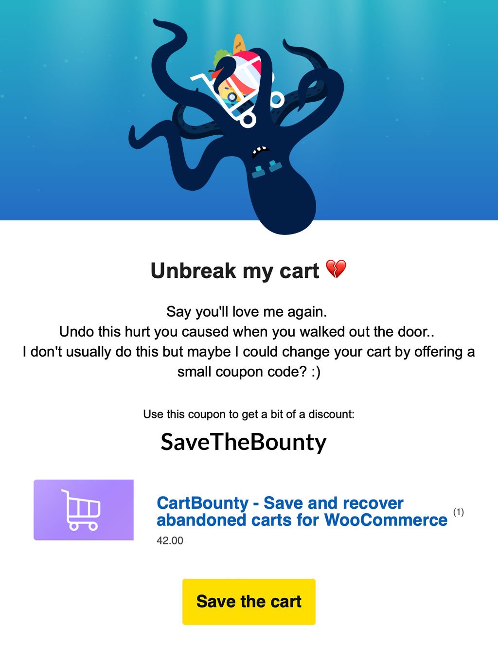 Last and 3rd abandoned cart email example from CartBounty featuring the final warning before the shopping cart is gone Last and 3rd abandoned cart email example from CartBounty featuring the final warning before the shopping cart is gone