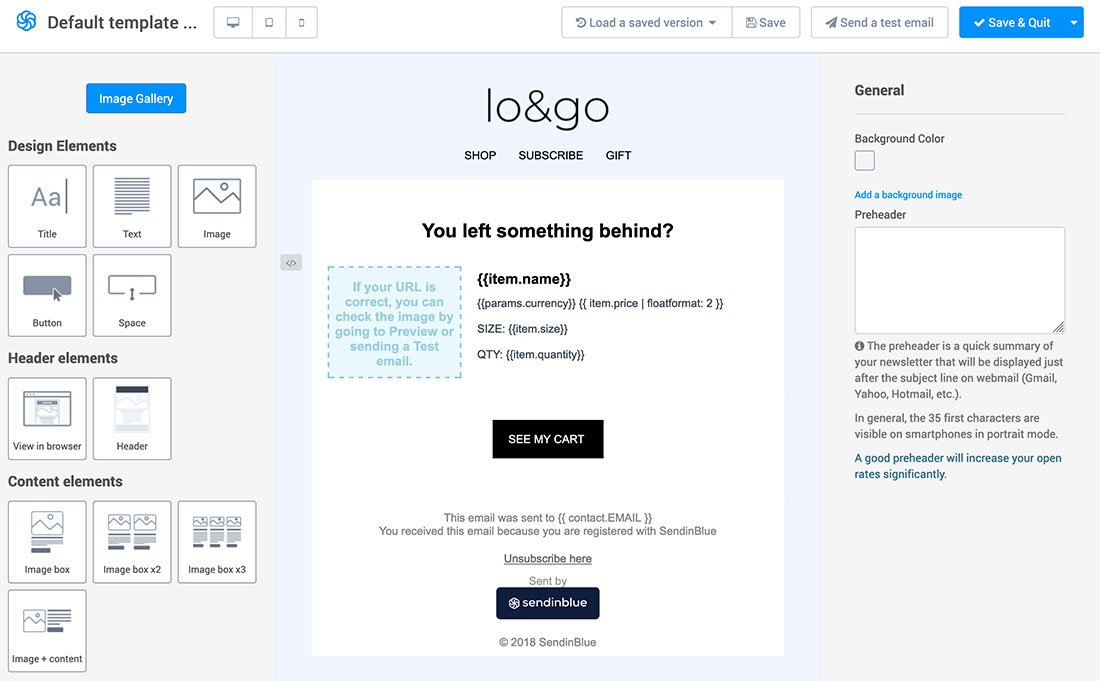 Cart abandonment recovery email design example Rich drag and drop abandoned cart reminder email designer in SendinBlue
