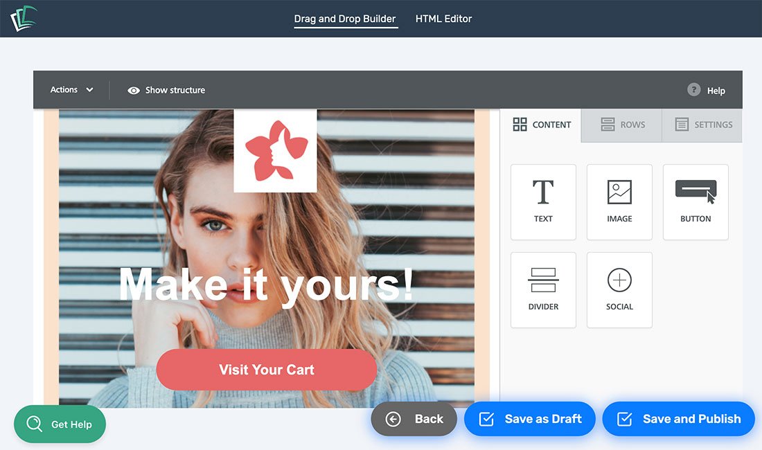 CartStack drag and drop email designer Example of an email design using drag and drop blocks in CartStack