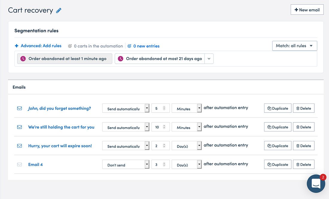 Cart recovery email series in Jilt You can create multiple emails and add different rules when to send them out.