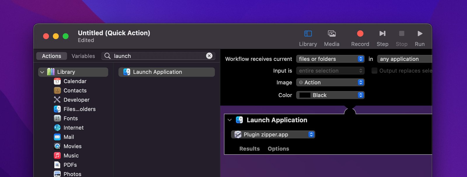Custom application added to Quick Action workflow